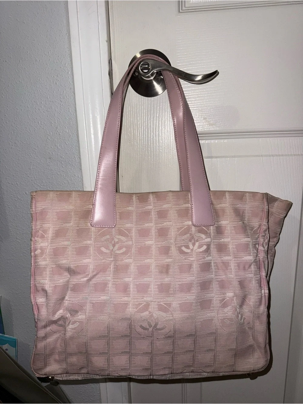 Vintage CHANEL Pink Signature Canvas Tote with Leather Handles